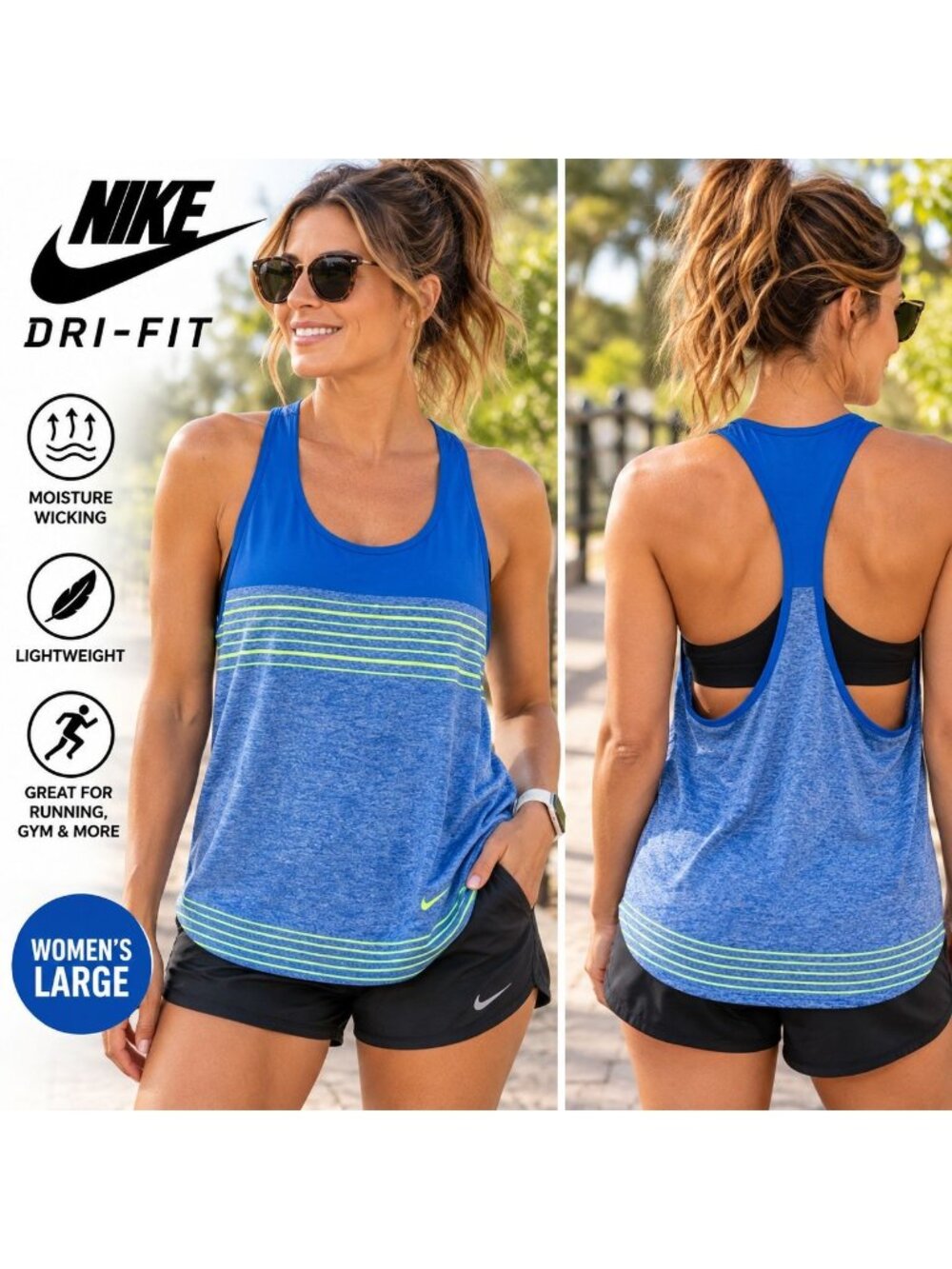 Nike Dri-FIT Womens Large Racerback Tank Top Blue Volt Green Striped Running